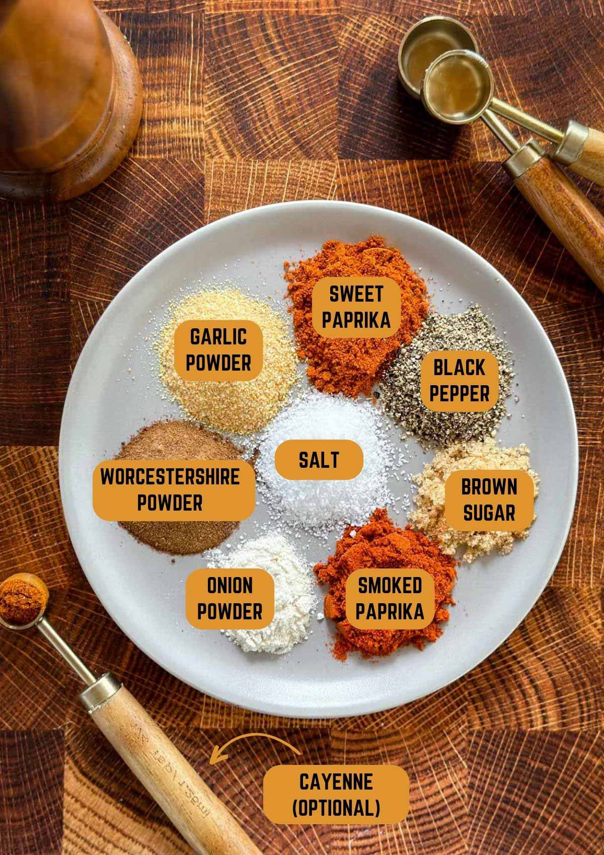 ground spices for making burger seasoning on a gray porcelain plate with identifying text overlays