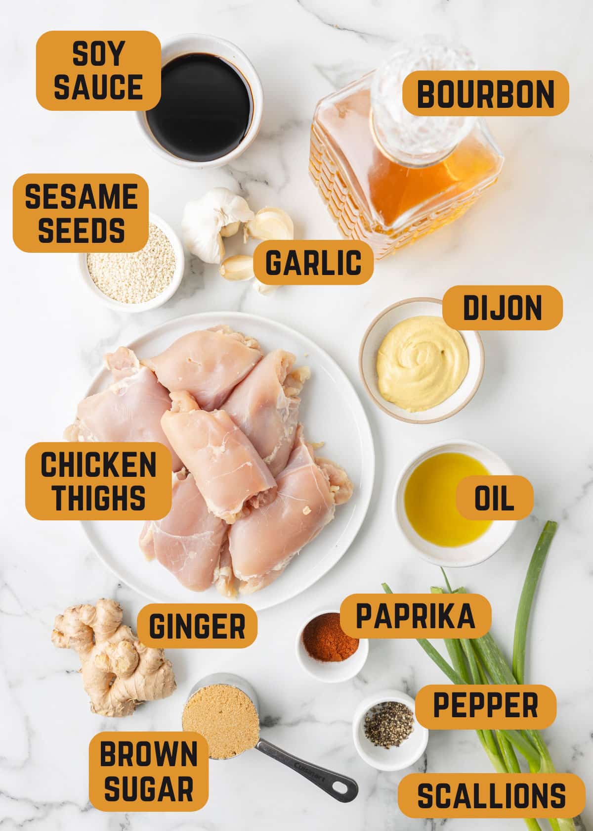 overhead photo of ingredients needed to make grilled bourbon chicken thighs with text overlays of ingredient names.