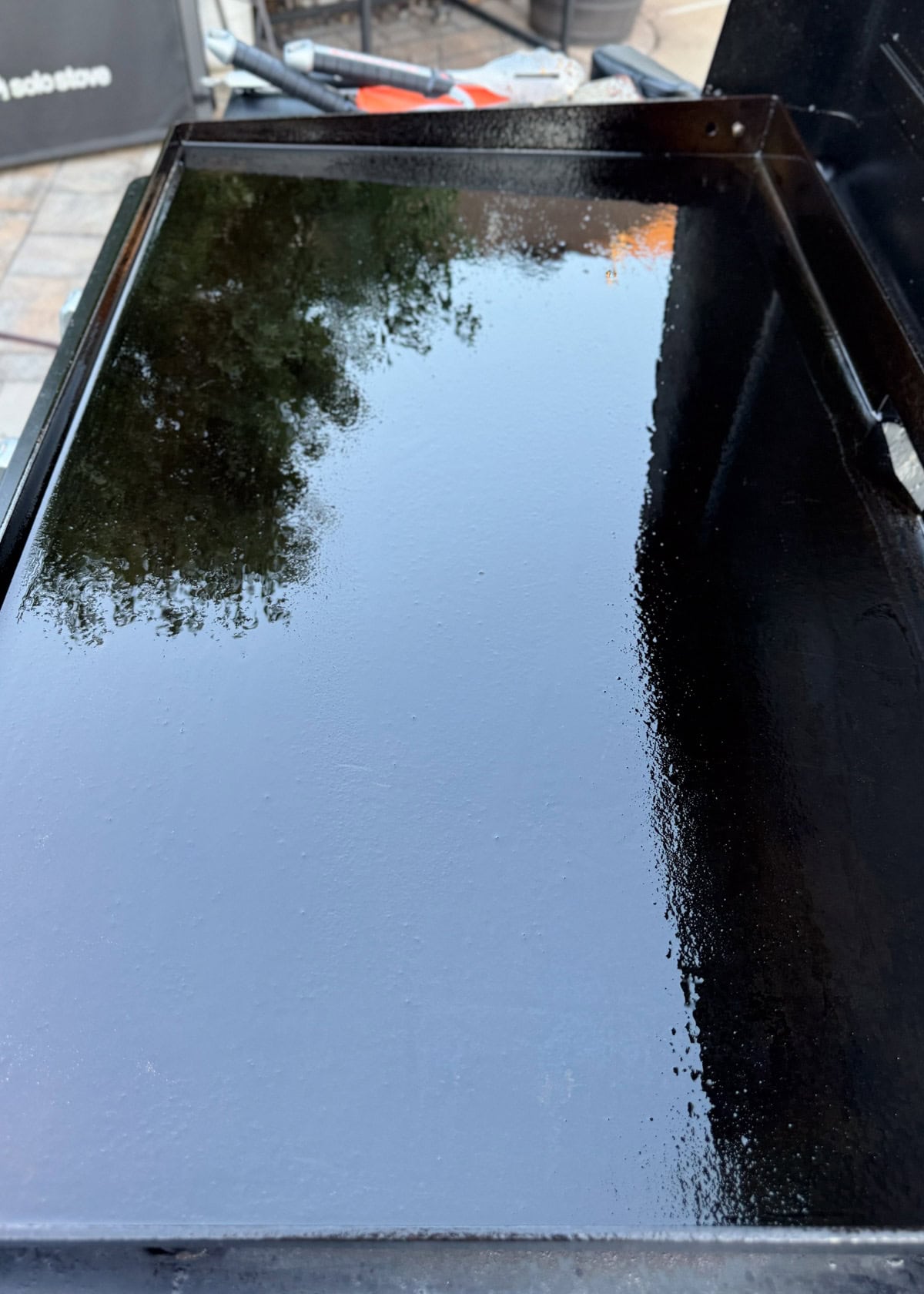 closeup of a cleaned and oiled Blackstone griddle cooking surface