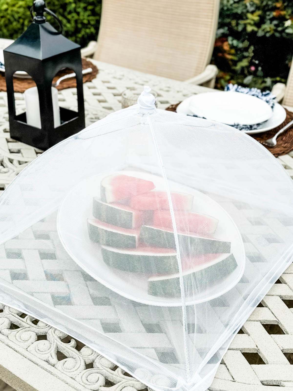 platter of watermelon under a mesh pop up cover on a picnic table