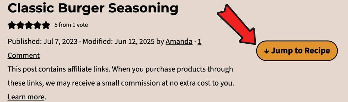 screenshot showing a typical post entry with a red arrow pointing to the jump to recipe button.