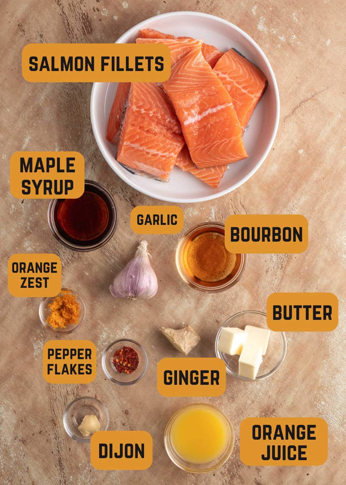 overhead of ingredients needed to make orange maple bourbon smoked salmon in bowls with text label overlays