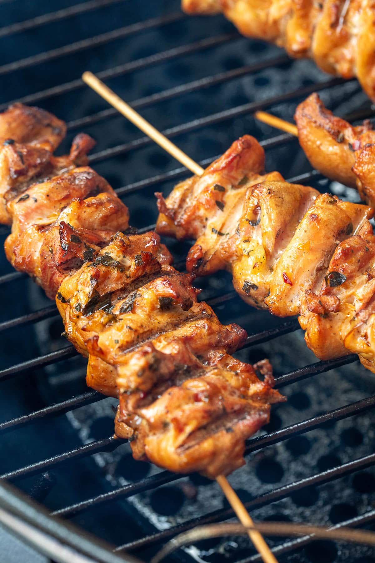 smoked chicken souvlaki skewers on a pellet grill