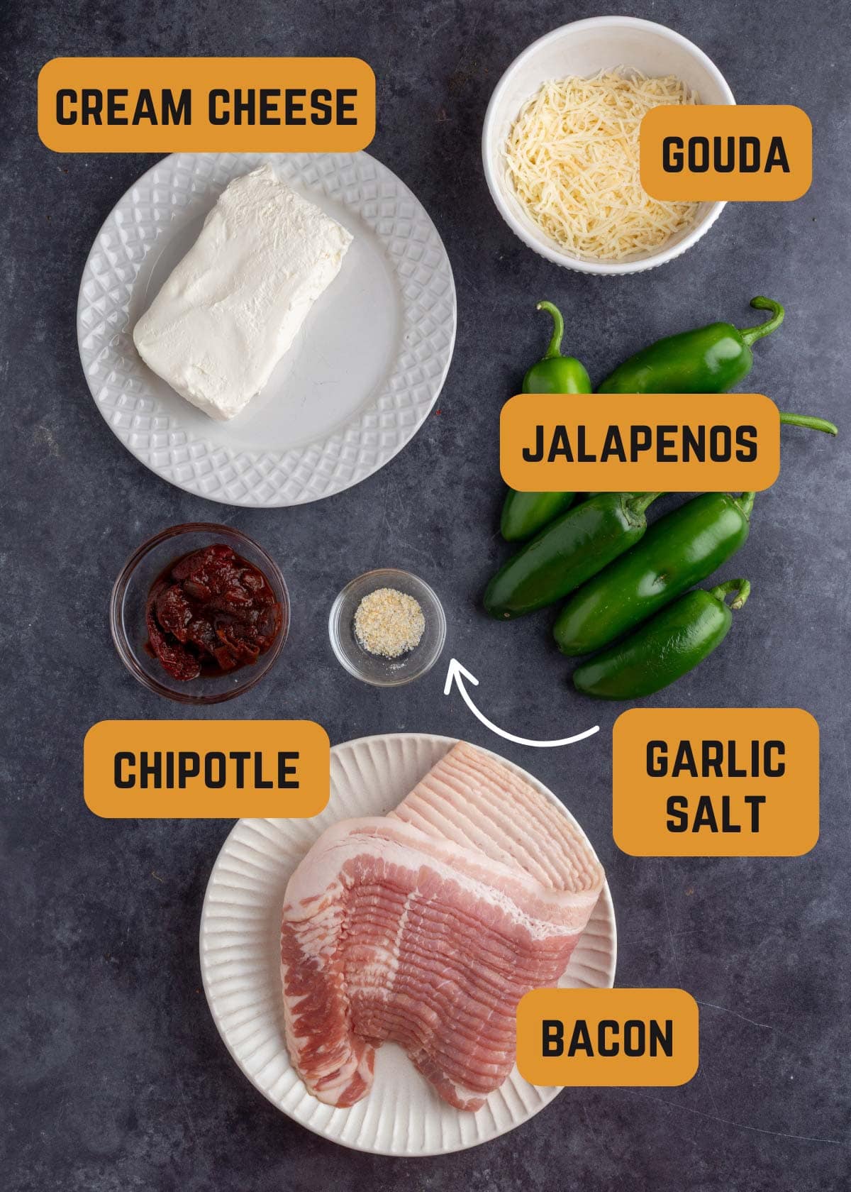 overhead of ingredients needed to make smoked jalapeno poppers on plates and in bowls on a dark gray surface with text label overlays