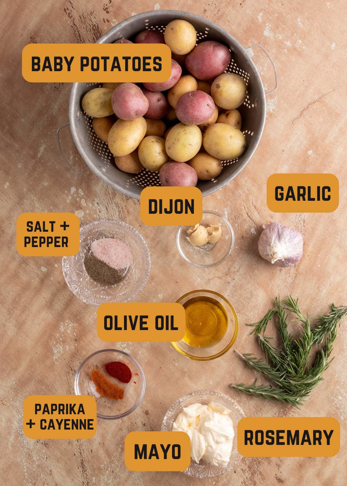 overhead of ingredients needed to make smoked potatoes and aioli in bowls with text label overlays