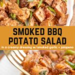 Top: smoked bbq potato salad garnished with scallions in a white scalloped bowl on a wood serving board, Bottom: